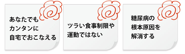 あなたでも簡単に自宅でおこなえる。つらい食事制限や運動ではない。糖尿病の根本原因を解消する。