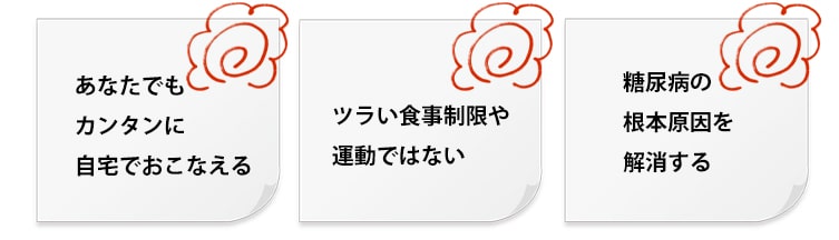 あなたでも簡単に自宅でおこなえる。つらい食事制限や運動ではない。糖尿病の根本原因を解消する。